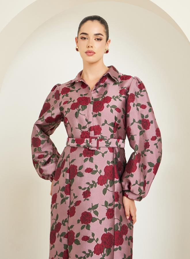 ستايلي فستان طويل مطبع بزهور بحافة واسعة وأكمام طويلة - Image 2